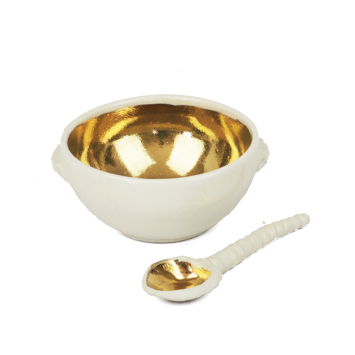 Ceramic 14K Gold Salt/Spice Bowl + Spoon