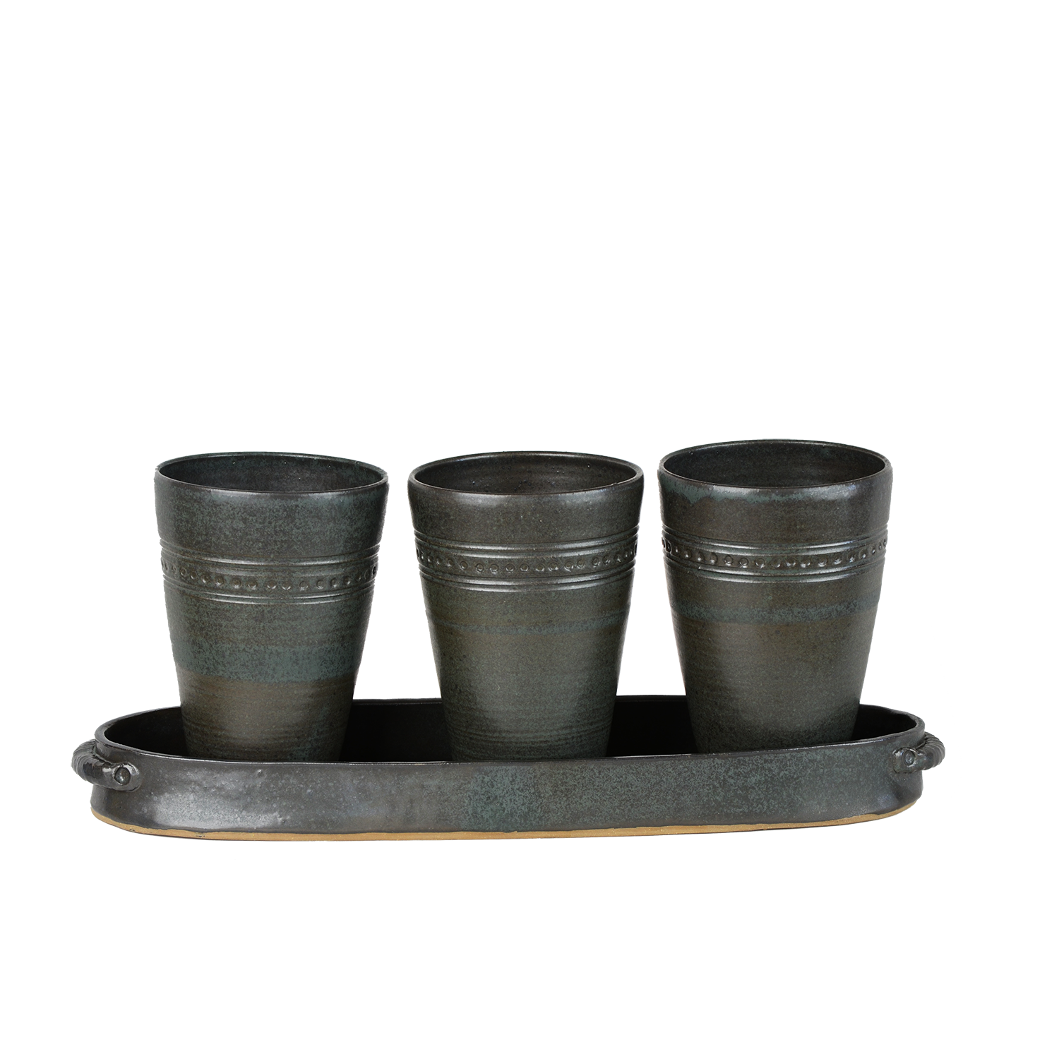 Gun Metal Black Ceramic Planter Set with Tray