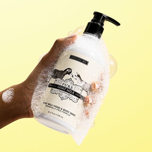 An image of a sudsy hand holding the Beekman 1802 Pure hand and body wash.