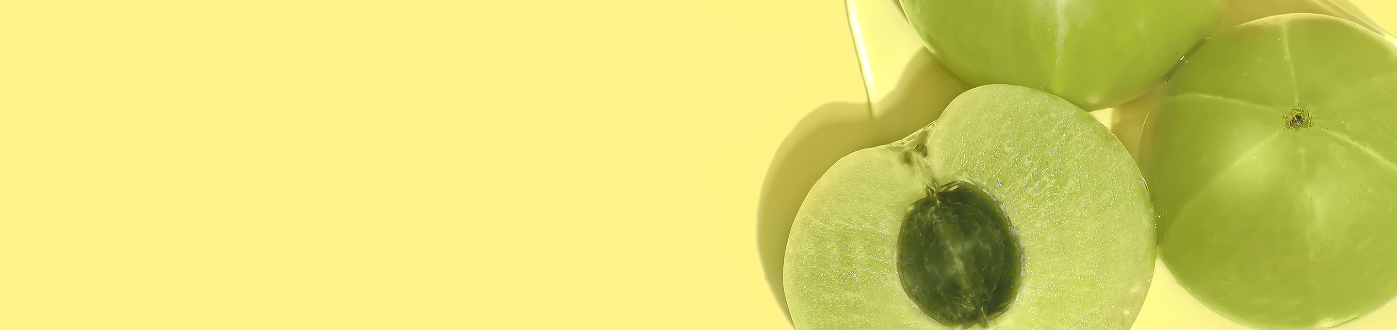 Close up shot of 2 full green amla berries and one split in half showing the cross section, on a yellow background to the far right of the screen. 